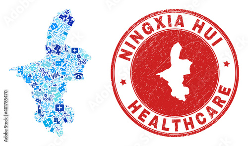 Vector mosaic Ningxia Hui Region map of inoculation icons, chemical symbols, and grunge health care seal. Red round seal with scratched rubber texture and Ningxia Hui Region map caption and map. photo