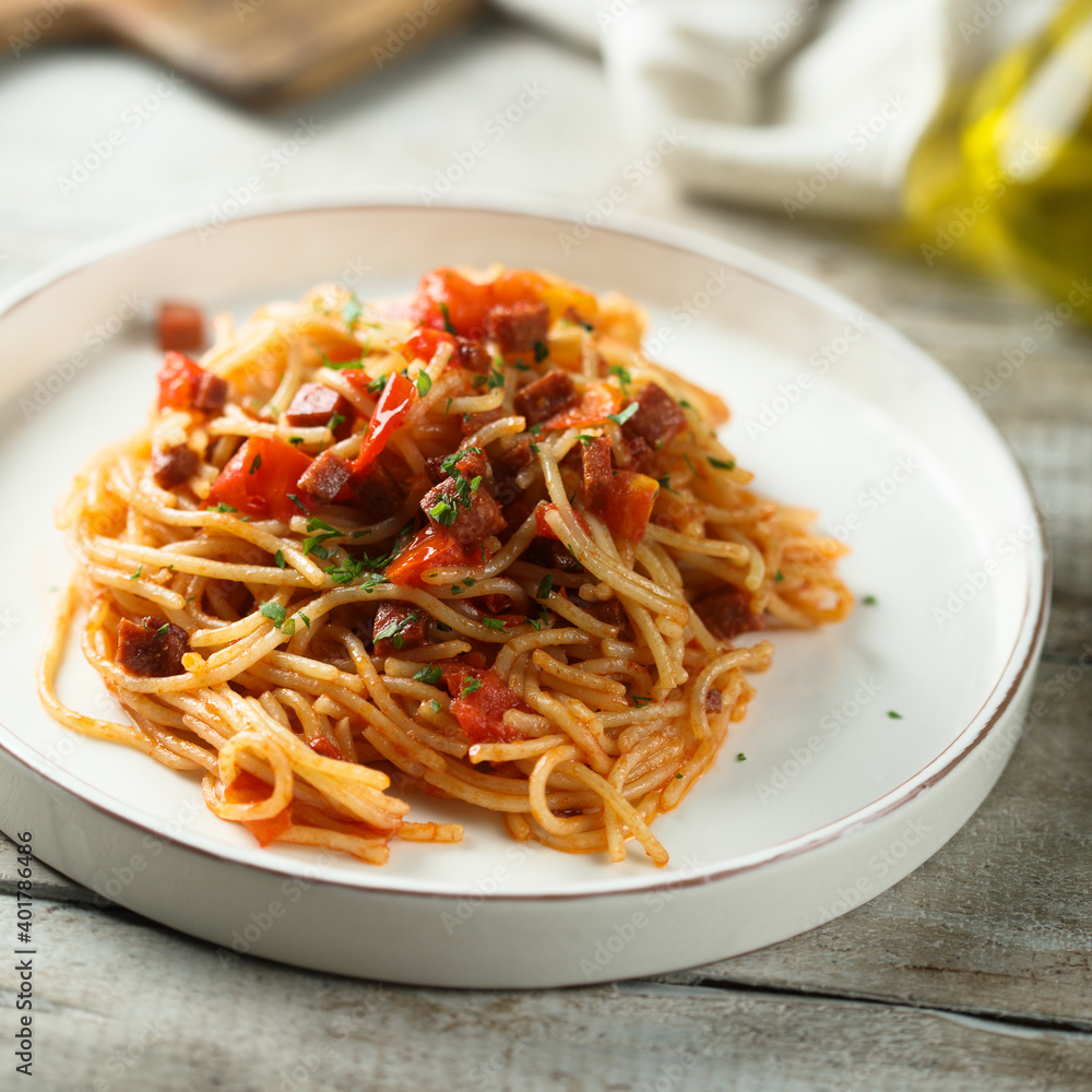 Pasta with tomatoes and sausage Pasta with tomatoes and sausage