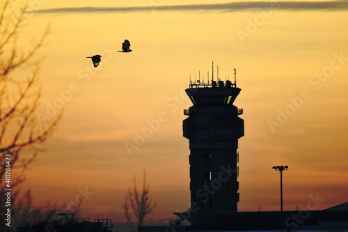 Εκτύπωση καμβά Silhouette of an Airport Control Tower at sunrise, with two Red-tailed hawks fly