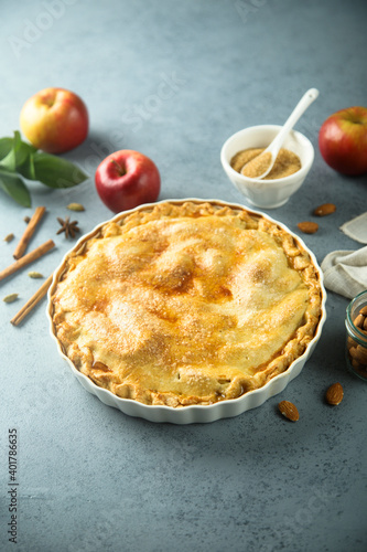 Traditional homemade apple pie with cinnamon