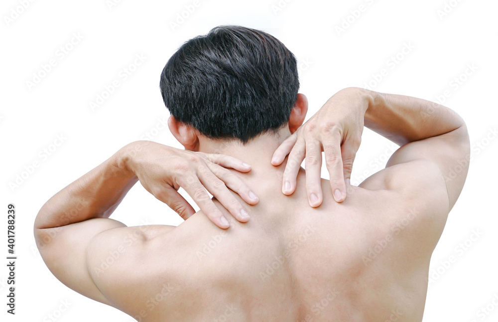 Closeup man hand itching on shoulder and back, healthy care and medical concept