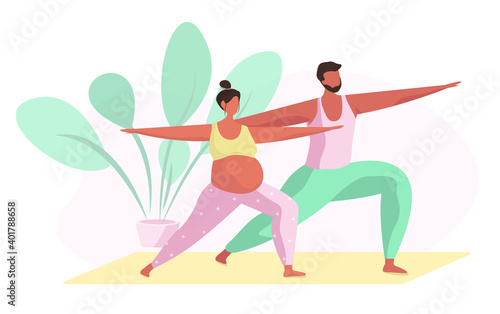Couple doing sport exercise. Man and pregnant woman doing fitness. Healthy lifestyle. Gym, yoga, sports activity together. Flat Vector Illustration