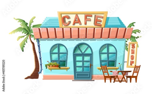 Fototapeta Naklejka Na Ścianę i Meble -  Vector cartoon style of cafe front  shop view. Isolated on white background with green palms, dinning table and chairs.