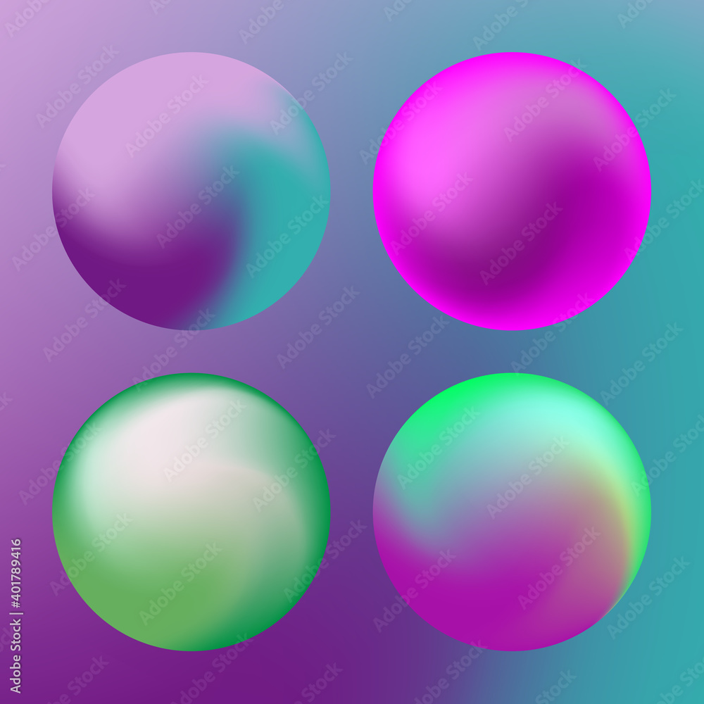 Neon and multicolor round shape. Gradient sphere. Vibrant color palettes. Gradient bubble balls. Vibrant Gradient Orbs using mesh tool and illustration. irregular distortion effects.