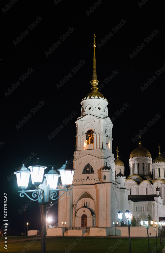 Church architecture of the city of Vladimir in Russia at night.