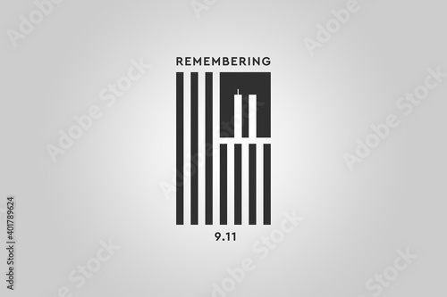 Always Remember 9 11, Patriot day. Black American or USA flag with the twin towers on gray background. Remembering. We will never forget, the terrorist attacks of september 11	