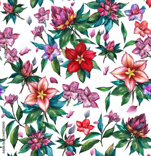 Watercolor floral pattern with pink and yellow tropical flowers and red lily and leaves and  with a white background.