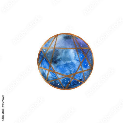 Fototapeta Naklejka Na Ścianę i Meble -  Watercolor enneagram icon blue illustration. Enneagram of Personality. Sign, logo, pictogram, ring and typical structured figure. Blue gradient colored illustration on white background