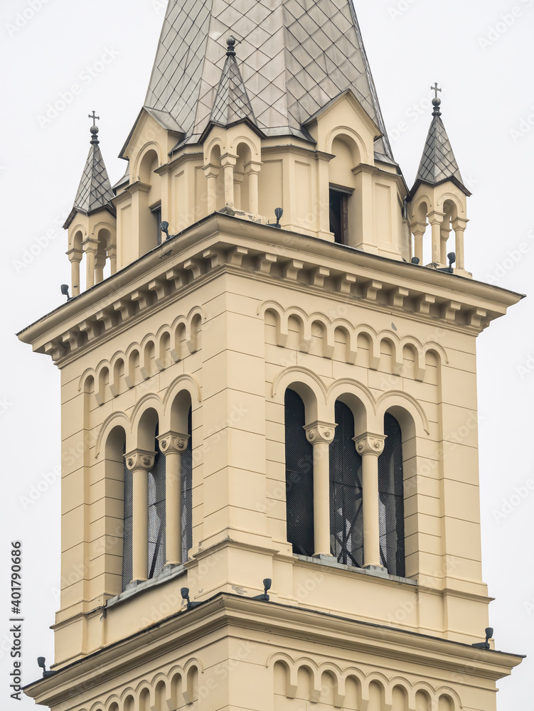 Sighisoara Romania - 11.26.2020: Architectural detail with Saint Joseph Roman Catholic Church Citadel located in Sighisoara, Romania. Sighisoara Romania - 11.26.2020: Architectural detail with Saint Joseph Roman Catholic Church Citadel located in Sighisoara, Romania.