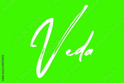 Veda Female Name Brush Calligraphy White Color Text On Green Background