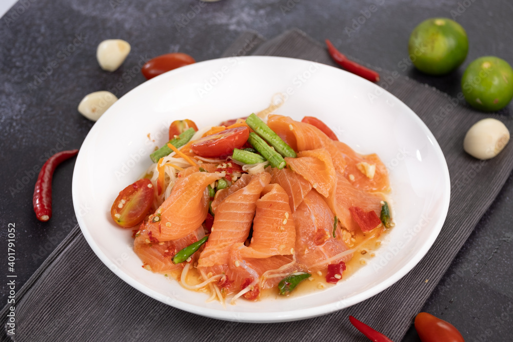 Salmon Spicy Salad closeup ready to eat Salmon Spicy Salad closeup ready to eat