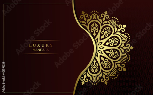 Luxury gold mandala ornate background for wedding invitation, book cover with mandala element style premium vector