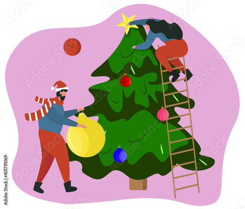 People Decorating Christmas Tree with baubles and stars.Christmas holidays on pink background. Winter season.Boy in santa hats.Big Christmas ornaments.Colorful Flat cartoon illustration.