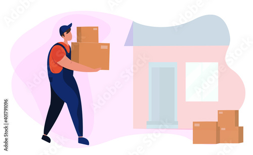Delivery service moving house. Service for transporting things and objects. Delivery man moving boxes in new house. Worker with cardboard boxes. House on background. Flat vector illustration