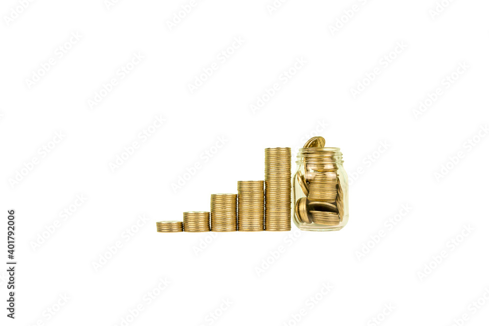 Stacks of increasing coins with the glass bottle isolated on white background Stacks of increasing coins with the glass bottle isolated on white background