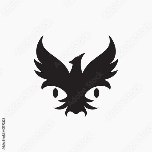 Fly black phoenix with wild animal face logo design