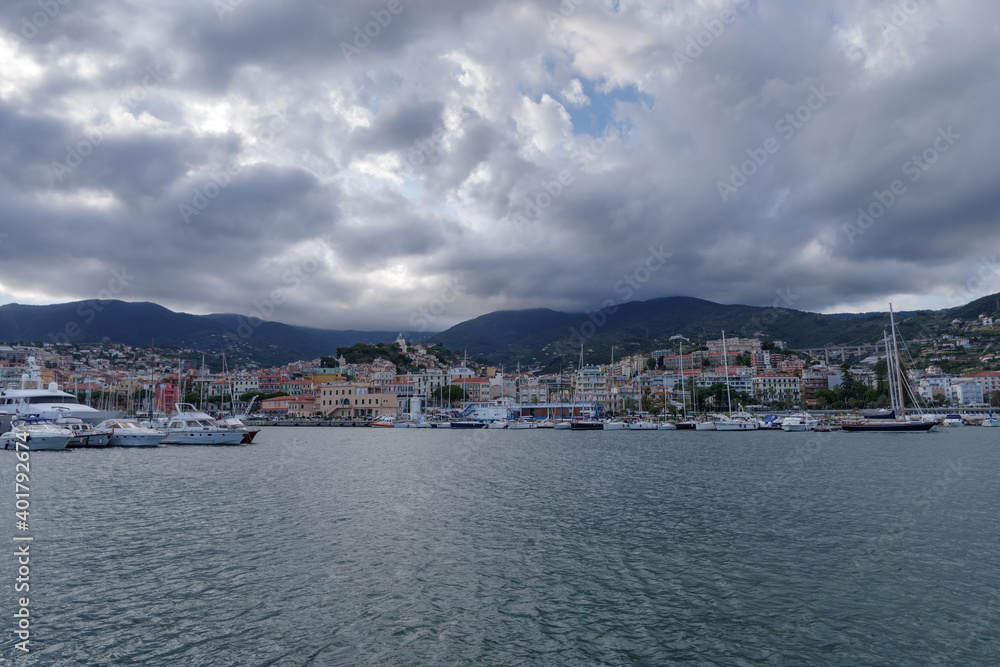 Sanremo coastal city in cloudy day, Italian Riviera