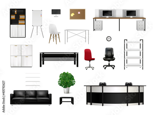 Office Interior Elements Realistic Icon Set