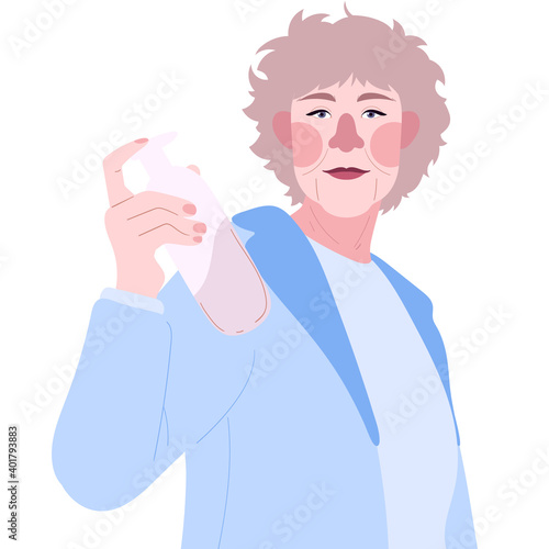 Protective measures against coronavirus infection. An elderly woman disinfects her hands with a spray. Precautions for retirees during a pandemic. Close-up. Vector illustration isolated on white.