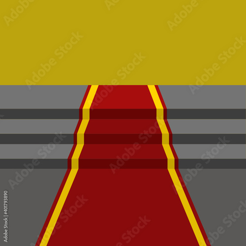 Roter Teppich mit gelben Rand über grauen Stufen und im Hintergrund eine goldene Wand