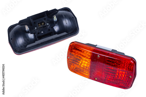 new truck tail light isolated on white background, front and back. Spare parts for trucks