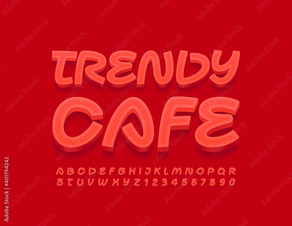 Vector bright logo Trendy Cafe. Creative Red Font. Artistic 3D Alphabet Letters and Numbers set