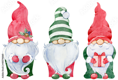 Cute Little Christmas Gnome Collection. Watercolor set of New Year's gnomes with gifts in colorful green and red hats photo