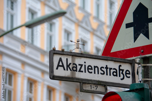Photography Akazienstrasse street sign landscape famous street in Schoneberg Berlin Germany