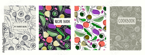 Cover page vector templates for recipe books based on seamless patterns with hand drawn vegetables. Cookery books cover layout. Healthy food, vegan food concept