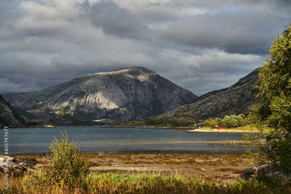 sunny coastline of the fjord with huge mountain in the background