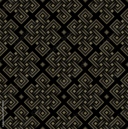 Geometric tibetan seamless pattern from endless knot. Oriental sacred geometry and asian folk style. Golden 3d symbol on dark background, vector.