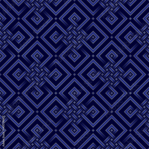Geometric tibetan seamless pattern from endless knot. Oriental sacred geometry and asian folk style. Golden 3d symbol on dark background, vector.