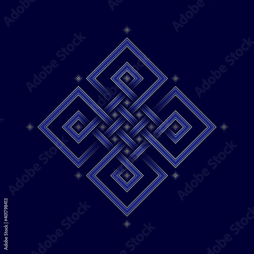 Geometric tibetan endless knot. Sacred geometry and folk style. Golden 3d symbol on dark background, vector.
