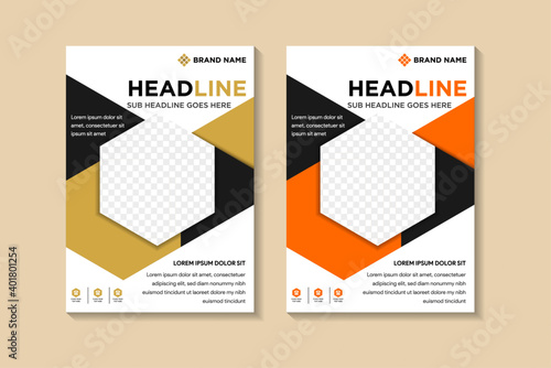 abstract geometric cover template design. hexagon shape for photo space. white background combiner with gold black and orange black element of flyer. vertical layout. 