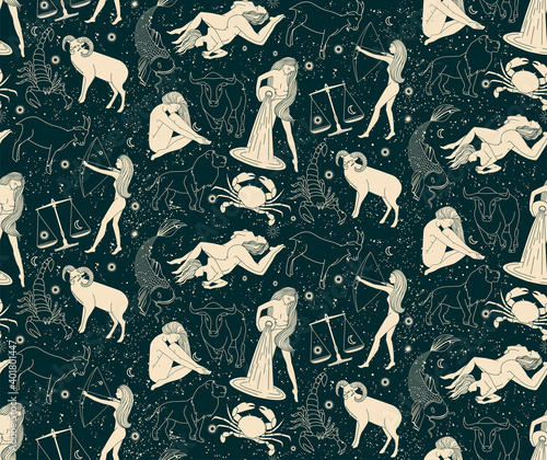 Seamless pattern - signs of the zodiac. Silhouettes of golden color astrological signs on a dark background. Magical illustrations of women and animals in the starry sky.