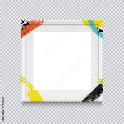 Realistic white square photo frame painted with graffiti paint on a transparent background. Vector illustration.