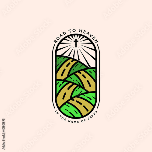 Abstract Line Art Outdoor Logo Vector Illustration Design. Jesus, Christian Monoline Illustration Template Design. Highway Road Illustration Logo Concept..