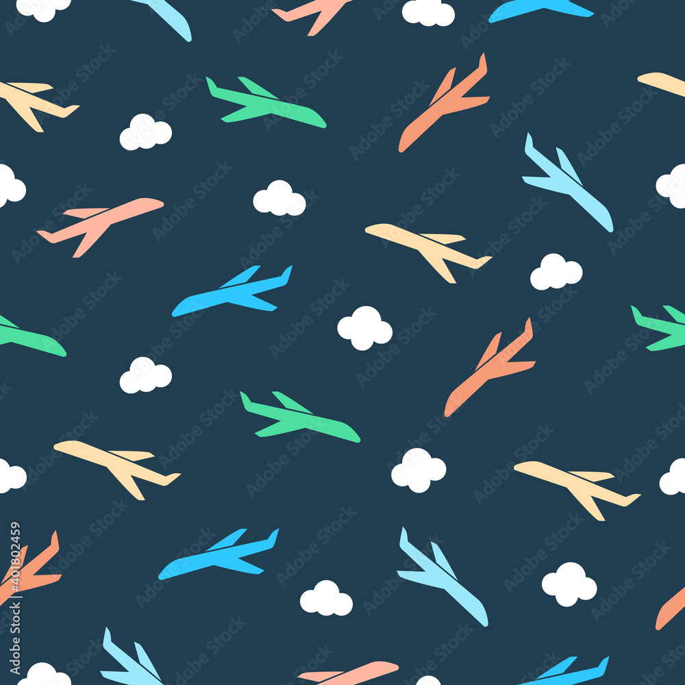 Seamless pattern with airplanes and clouds. Vector air transportation. Kids illustration isolated. Seamless pattern with airplanes and clouds. Vector air transportation. Kids illustration isolated.