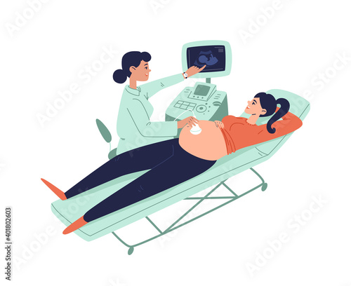 Doctor conducts ultrasound examination of a pregnant young woman. Woman doctor shows the pregnant woman her unborn child on the monitor of the ultrasound apparatus. Vector stock illustration on white.