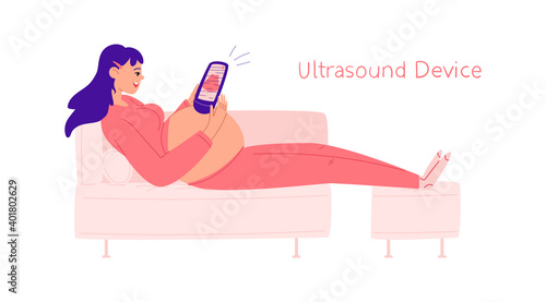 Pregnant woman with an ultrasound device in her hands. A young woman on the sofa independently conducts an ultrasound examination with a portable device. Vector stock illustration isolated on white.