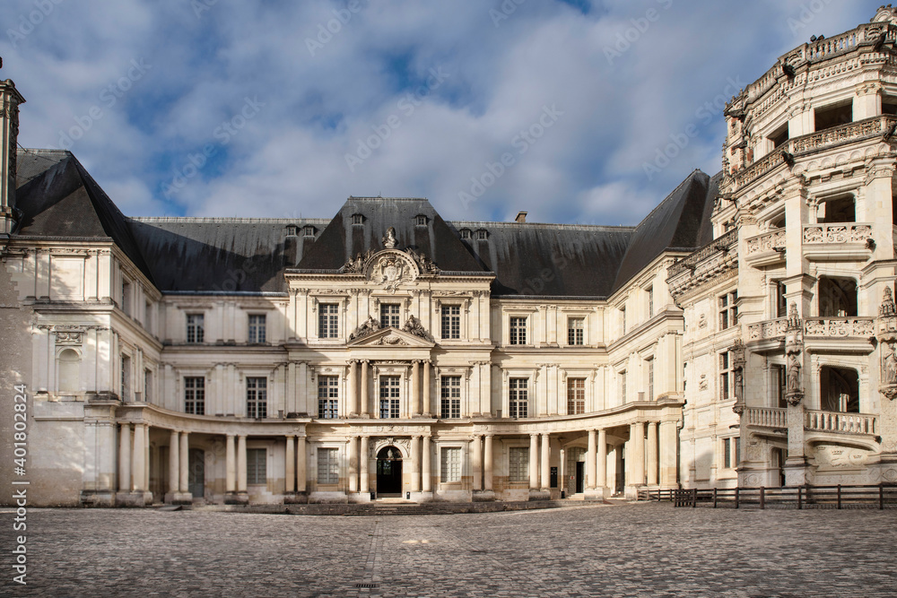Façade of Blois Castle on the banks of the Loire in France