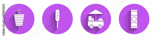 Set Grilled shish kebab, Corn dog, Fast street food cart and Chocolate bar icon with long shadow. Vector.