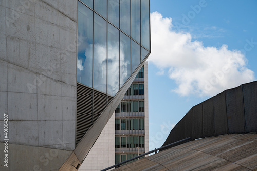 Close up shot of the Casa da Musica do Porto (Porto Music House). Detail of the glass and concrete. Abstract image.