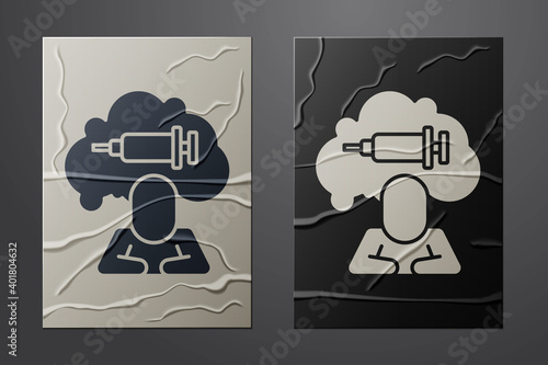 White Addiction to the drug icon isolated on crumpled paper background. Heroin, narcotic, addiction, illegal. Sick junkie with a syringe and medical pills. Paper art style. Vector.