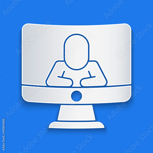 Paper cut Online psychological counseling distance icon isolated on blue background. Psychotherapy, psychological help, psychiatrist online consulting. Paper art style. Vector.