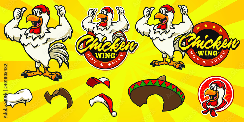 Cartoon happy chicken character logo