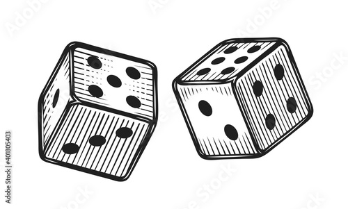 Two white dice. Gambling, game sketch vintage vector illustration