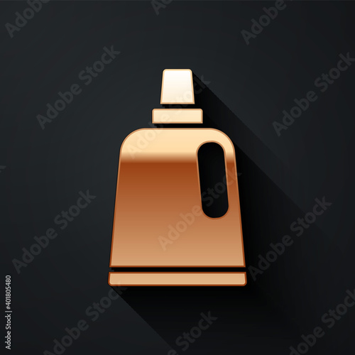 Gold Plastic bottle for laundry detergent, bleach, dishwashing liquid or another cleaning agent icon isolated on black background. Long shadow style. Vector.