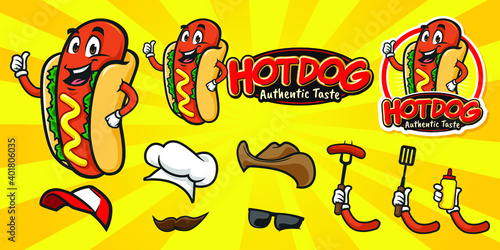 Cartoon happy hot dog character logo