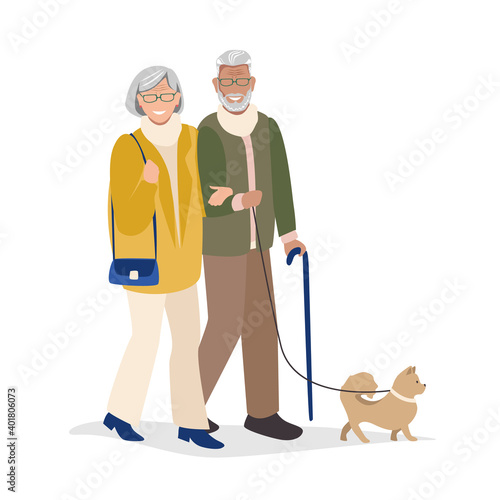 An elderly couple went for a walk with their dog. Sports and recreation. Flat vector illustration isolated on white background.